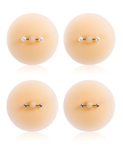 Aiuulu 4Pcs Waterproof Fake Nipple Piercings Bra, Reusable Nipple Pasties with Fake Piercing Jewelry for Women Pink