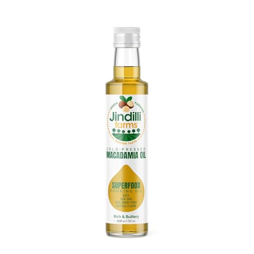 Jindilli Farms Macadamia Nut Cooking Oil- Australian Pure Cold Pressed Oil Unrefined Natural High Smoke Point for Frying Non GMO Vegan Keto Friendly and Gluten Free (8.5 fl oz)