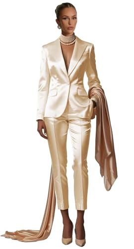 LEWIJO Satin Suits for Women Dressy Champagne 2 Piece Womens Suit Casual Pants Suit Women 1 Button Tuxedo for Wedding Guest Size Large