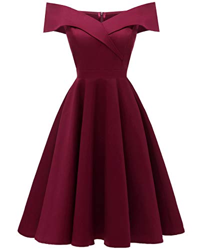 VERNASSA Mujer Elegante Retro Vintage 50s 60s Vestido con Mangas Fuera de los Hombros, Satinado Casual Prom Cóctel de Noche Una línea de Swing Midi Largo Dama de Honor Vestidos de Fiesta