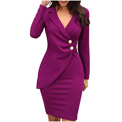 Women's Pencil Work Dresses Long Sleeve V-Neck Bodycon Business Blazer Dress Solid Turn Down Buttons Formal Dress