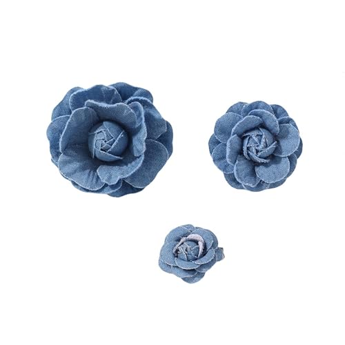 Image of 3Pcs Dainty Flower Brooches for Women Large Blue Camellia Flower Brooches 35MM 50MM 65MM Denim Fabric Floral Lapel Pin Banquet Clothes Jewelry Presents
