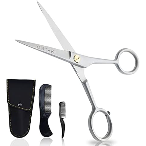 ONTAKI 5” German Beard Scissors & Mustache Scissors - 2 Combs (Beard Comb + Mustache Comb) with Carrying Pouch - Hand Forged Beard Trimming Scissors with Finger Rest (Silver (410C German Steel)) Cover