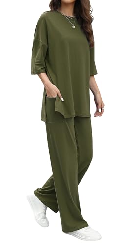 Womens 2 Piece Outfits Short Sleeve Set Wide Leg Pants Casual Trendy Pullover Lounge Set2