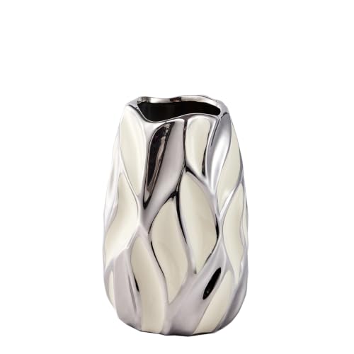 OTARTU Cream White Ceramic Vase for Flowers, Silver Flower Vase Modern Home Decor, Small Decorative Vase for Pampas Grass,Farmhouse Coffee Table Bookshelf Home Living (Silver-Small)
