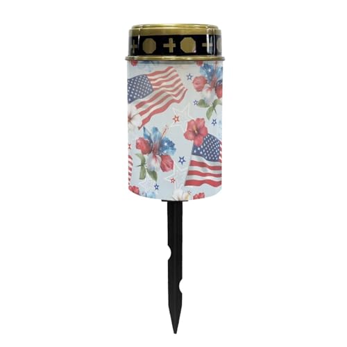 Image of Poceacles American Flag Hibiscus Flower Outdoor Solar Lights Garden Cemetery Flameless Candle America 250th Anniversary Printed Solar Garden Stake Lights for 4th of July Decorations