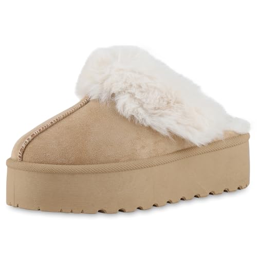 VAN HILL Damen Pantoffeln Plateau Kunstfell Bequem Schuhe 216565...