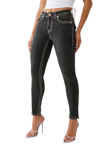 True Religion Women's Jennie Mid Rise Skinny Jeans – Big T Stitching & Flap Back Pockets, Harmony Night, 34