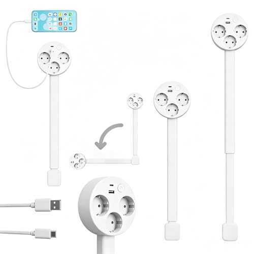 Extensor de Enchufe, Cuenta con Puertos USB-A, USB-C y 3 AC, Regleta Extensible, Gira 180° para su Uso detrás de sofás, mesitas de Noche, escritorios