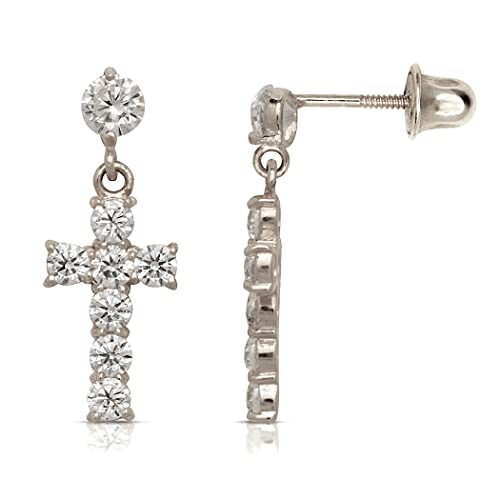 Aretes colgantes de oro macizo de 14 quilates con circonita cúbica y circonita cúbica religiosa (7 mm x 15 mm), Metal, Cubic Zirconia Cover