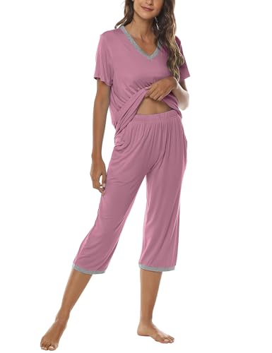 Image of JINSHI Women's Pajamas Set Short Sleeve Top and Capri Pants Lightweight Sleepwear Comfy Pjs Lounge Set with Pockets
