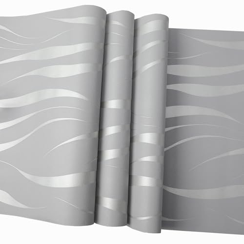 Pamatio Tapete Silbergrau Vliestapete 3D Schimmerndes Wellenstreifenmuster Wanddekoration für Wohnzimmer,...