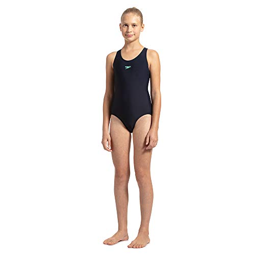 Image of Speedo Girl's Endurance 10 High Chlorine Resistant UPF 40+ Sun Protection Lycra Racerback Swimwear - True Navy & Green Glow