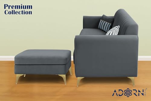 Image of Adorn India Premium Luster 4 Seater L Shape Sofa Set | Velvet Suede Fabric | 3-Year Warranty | Color Dark Grey with Golden Legs & Striped Pattern Cushion