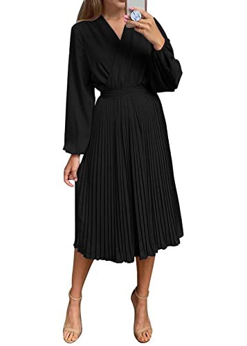 PRETTYGARDEN Women's Spring Midi Dress Long Puff Sleeve Wrap V Neck Flowy Ruffle Pleated Casual Fall Dresses