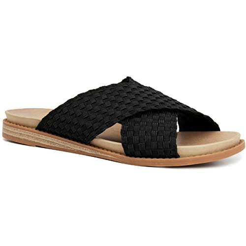London Fog Womens Black Cushioned Woven Shaila Round Toe Slip On Slide Sandals 7 M #TOP6
