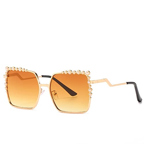 Lunettes de soleil carrées surdimensionnées femmes grand cadre mode perle luxe thé
