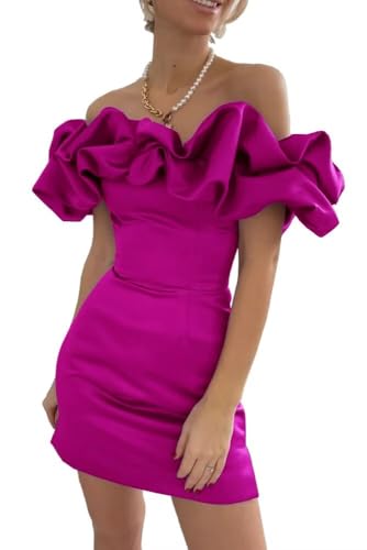 Off Shoulder Homecoming Dresses Sexy Satin Ruffles Bodycon Ruched Sleeveless Short Mini Cocktail Party Graduation Gowns for Teens 2026 Fuchsia 2