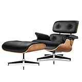 ERANCHI Top Black Grain Leather, Mid Century Chaise Lounge Chair and Ottoman, Modern Chair Classic Design, Walnut Wood, Heavy Duty Base Support for Living Room Study Lounge Office (Walnut Wood)