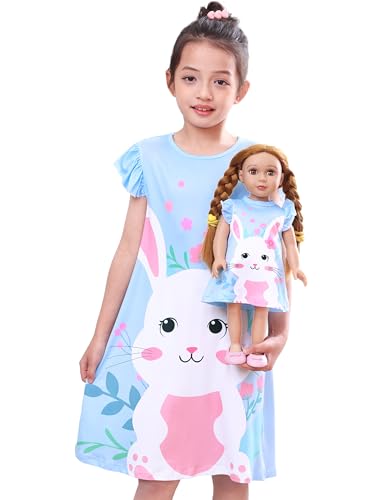 Image of MHJY Girl and Doll Matching Nightgowns Princess Pajamas Flutter Sleeve Night Dresses for Girls and 18" Dolls Clothes,Blue