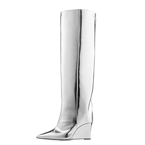 Arqa Liquid Metallic Knee High Boots Pointed Toe Shiny Chrome Wedge Heel Boot Pull-on Tall Boots