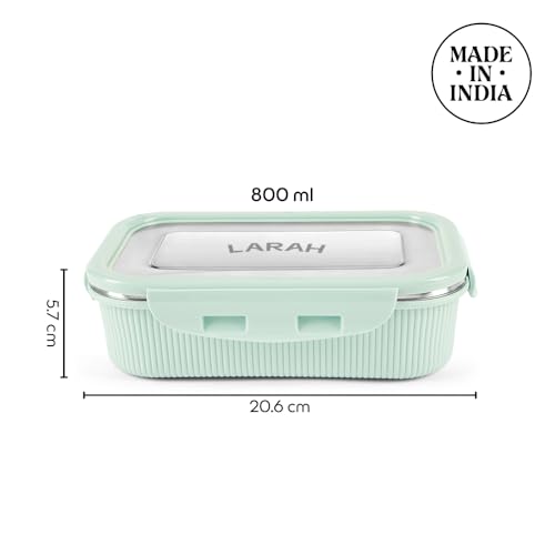 Image of Larah by BOROSIL Freshbyte Stainless Steel Lunch Box | 800 ml + 200 ml Rectangle Container Set | Airtight, Dishwasher Safe Tiffin | Portable Kids Tiffin | 1 Year Warranty (Green)