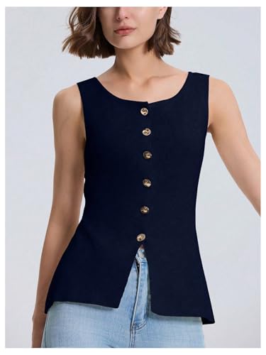 Verdusa Women's Button Front Blazer Rib Knitted Vest Scoop Neck Slit Sleeveless Top4