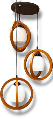 Image of Modern Tripple Designer Fashion Double Wooden Ring with White Lampshade Cluster Pendant Hanging Light, Circular Ceiling jhoomar Bulb Type E27 Holder (Bulb not Include)