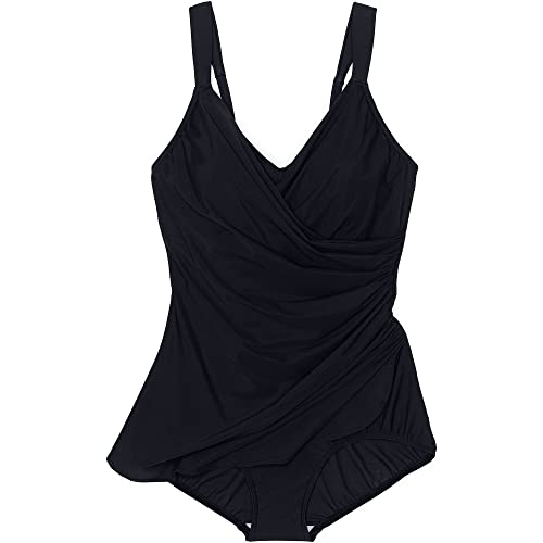Lands' End Womens Slender V-Neck Tunic One Piece Swimsuit Black Petite 6 #TOP4