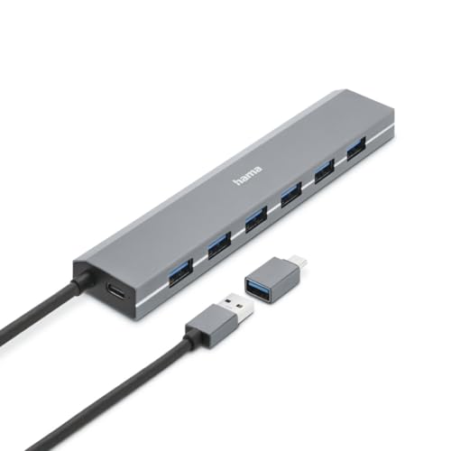 Hama USB-Hub 7 Ports (USB-A und USB-C-Anschluss, mit Netzteil, 7X USB-A für Maus, Tastatur, Externe Festplatte, USB-Stick etc., Aluminium-Gehäuse, USB-Adapter für Büro, Home Office)