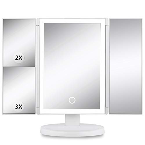 Makeup Mirror with Lights Vanity Mirror with Lights 37 LED Lighted Makeup Mirror Trifold Mirror 1X 2X 3X Magnification Touch Screen Switch 360 Degree Rotation Dual Power Supply