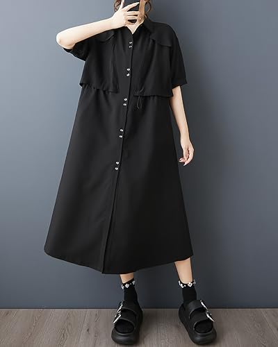 ellazhu Women's Dress Solid Lapel Button Down Two Side Pockets Short Sleeve Plus Size Maxi Loose Casual Fashion GZ587 A2