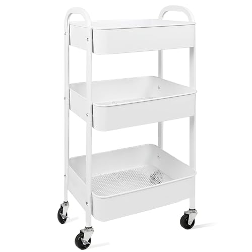 Newmetab 3 Tier Rolling Carts with Wheels, Metal Utility Cart for Bathroom/Kitchen/Art/Diaper/Grocery/Book/Craft/Snack/Makeup/Office/Living Room/Laundry Room/Classroom Storage Cart (Milky White)
