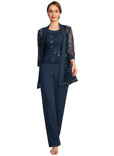 Mother of The Bride Pant Suits for Women 3 Pieces Separates Floor-Length Lace Chiffon Mother of The Bride Dress with Sequins