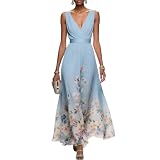Kleid Hochzeitsgast Damen Curvy Lang Abendkleider Elegant Für Hochzeit Gast Chiffon Festliche Kleider Damen Sommer A Linie Ballkleid V Ausschnitt Tailliert Partykleid Blumen Maxikleider
