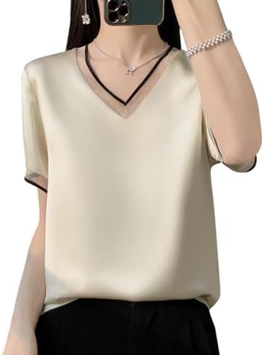 Women's Short Sleeve T-shirt, V-neck, Summer, Melange Shirt, Glossy, Top, Loungewear, Elegant, Cool, Comfortable, Plain, Stylish, Neat, Different Materials, Summer Clothing, Fashion, Office