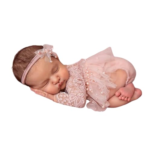 Newborn Photography Outfits Girl 2 PCs Baby Girl Photoshoot Props Newborn Lace Romper with Headband Set for Photo Shoot (Pink Long Sleeve)