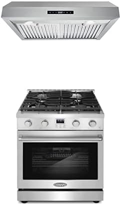 Cosmo 2-Pc Kitchen Appliance Packages, 30" Gas Range Stainless Steel and 30" Under Cabinet Range Hood