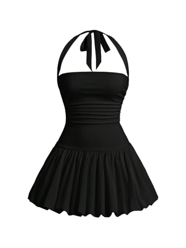 SOLY HUX Women's Bubble Mini Dress Y2K Halter Backless Club Party Graduation Short Dresses with Shorts Underneath2