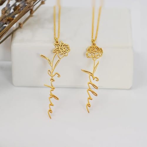 TRANGEL Custom Birth Flower Name Necklace Personalized 18K Gold Plated Birth Month Flower Necklace Dainty Floral Pendant Jewelry Mothers Birthday Gift for Women 8