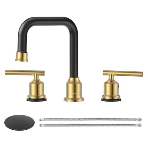 WOWOW Widespread Bathroom Faucet 3 Hole Bathroom Sink Faucet 2 Handle Vanity Faucet 8 Inch with Pop-Up Drain Black and Gold Brushed Gold and Black