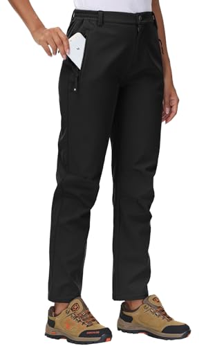 YSENTO Damen Softshellhose Winter Wanderhose Skihose wasserdichte Warm Gefüttert Thermohose Outdoorhose Trekkinghose(Schwarz,L)