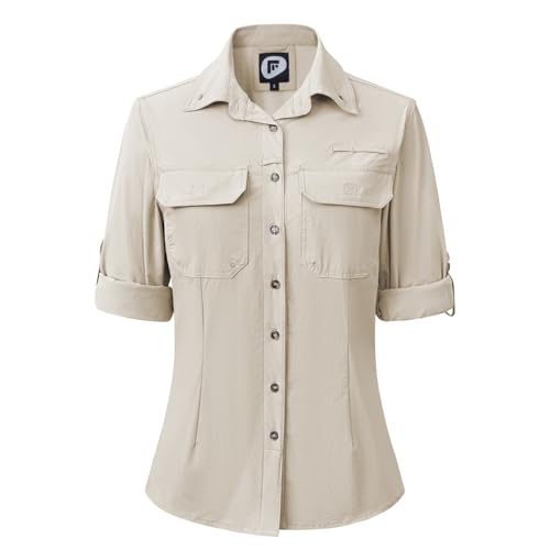 Womens UPF 50+ UV Sun Protection Long Sleeve Shirt Quick Dry Outdoor Cooling Hiking Fishing Gardening Safari Travel Shirt Khaki Large