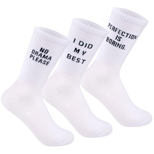 Hopton 3 paia di calzini da tennis, bianchi e da tennis, 36 – 42, calzini sportivi divertenti con scritta, taglia unica, traspiranti, in cotone, per casa, tempo libero, sport
