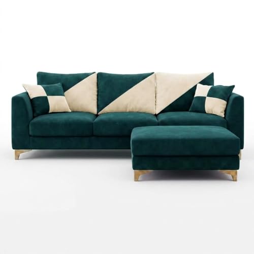 Image of Juliet 4 Seater L Shape Sofa Set with Movable Ottomans | Flexible Layout | Rich Velvet Suede Fabric | Silver Legs | Dual Tone Modern Sofa for Living Roomn(Green Teal-Cream)