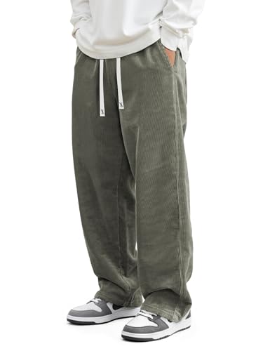 JMIERR Men Baggy Pants Corduroy Pants Casual Drawstring Comfy Stretch Wide Leg Elastic Waist Cargo Sweatpants 2025 Fall Winter Fashion Clothes, S, Green