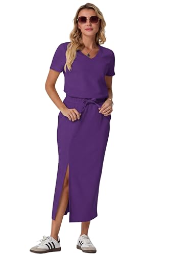 Image of GRECERELLE Women Summer Casual 2 Piece Sets V-Neck Wrinkle-Free Top & Elastic Waist Midi Side Slit Skirt with Pockets
