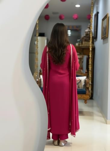 Image of ANNI Designer Women Rayon Viscose Straight Embroidered Kurta with Pant and Dupatta | 3 /4 Sleeve | V-Neck | Ethnic Kurta Set for Women