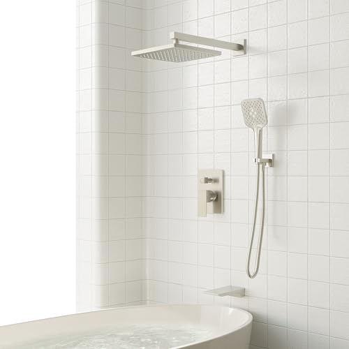 Image of Gabrylly Shower System with Tub Spout, Wall Mounted Tub Shower Faucet Set for Bathroom with High Pressure 10 inch Rain Shower head and 3-Setting Handheld Shower Head Set,Brushed Nickel