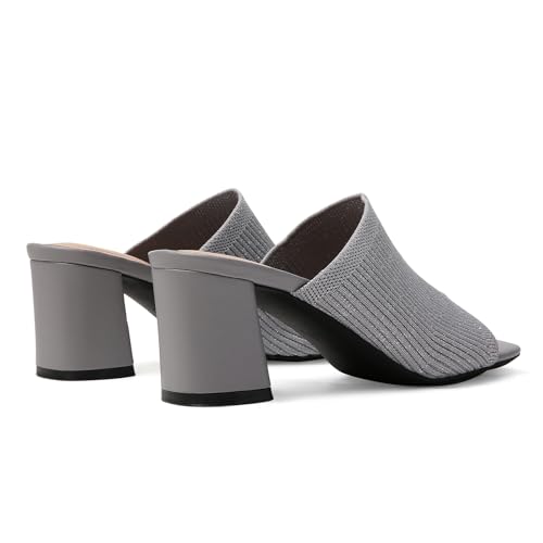 Image of Tilocow Knit Heeled Sandals for Women Square Open Toe Heeled Mules Chunky Block Low Heel Slip On Slides